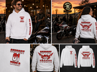 Red & White Full Back Hoodie — ön ve arka baskı